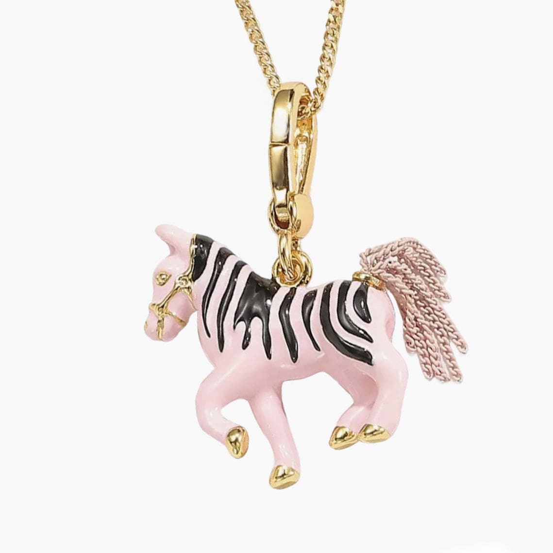 Playful pink Necklace Zebra with gold accents and textured chain tail, perfect for adding personality to any outfit.
