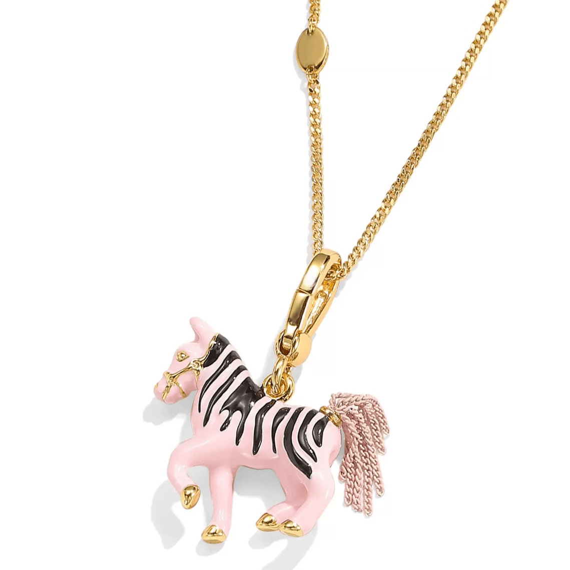 Necklace Zebra with pink charm and gold accents, showcasing a whimsical design for playful fashion statements.