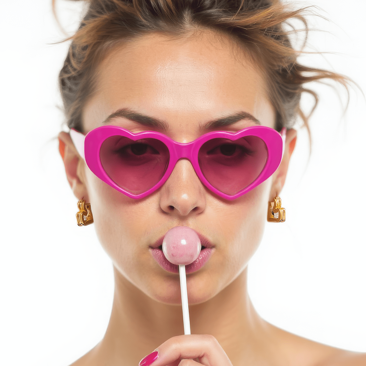 Earrings Sway worn by a model holding a lollipop, showcasing heart-shaped sunglasses and bold pink accessories.