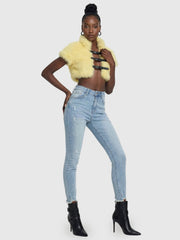 Yellow Faux Fur Buckle Crop Top