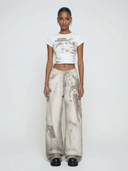 Wide-Leg Art Print Statement Jeans