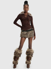 Brown Lace-Up Ribbed Top with Faux Fur Collar