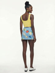 Blue Check & Fruit Print Mini Skirt