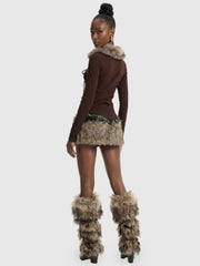 Brown Lace-Up Ribbed Top with Faux Fur Collar