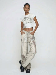 Wide-Leg Art Print Statement Jeans