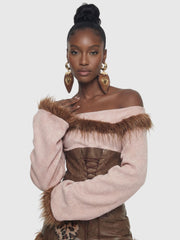 Off-Shoulder Faux Fur Trimmed Top