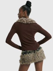 Brown Lace-Up Ribbed Top with Faux Fur Collar