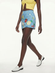 Blue Check & Fruit Print Mini Skirt