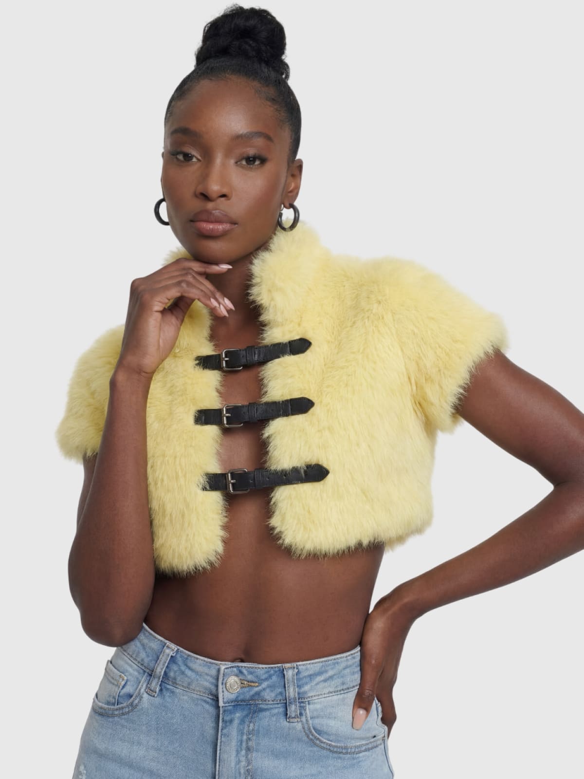 Yellow Faux Fur Buckle Crop Top