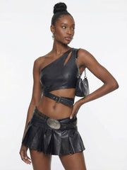 Black Faux Leather Pleated Mini Skirt with Belt