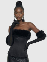 Black Faux Fur Bardot Corset Top