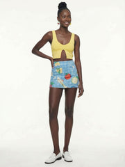 Blue Check & Fruit Print Mini Skirt