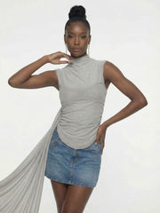 Grey Asymmetric Draped High-Neck Top