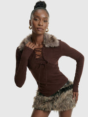 Brown Lace-Up Ribbed Top with Faux Fur Collar