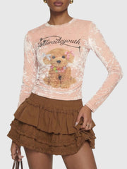 Velvet Puppy Print Long Sleeve Top