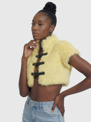 Yellow Faux Fur Buckle Crop Top