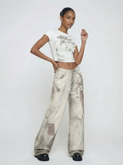 Wide-Leg Art Print Statement Jeans