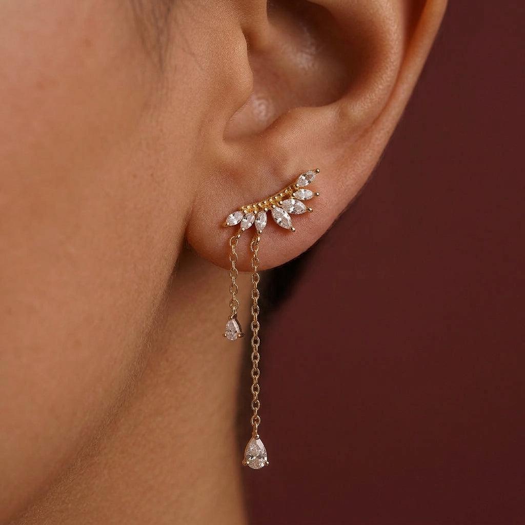 Gold CZ Tassel Crawler Earrings — Marquise Leaf Chain Drop for Women | Dainty Ear Climber