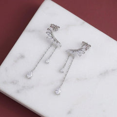 CZ Tassel Drop Earrings Silver — Marquise Leaf Ear Crawler with Dainty Chains