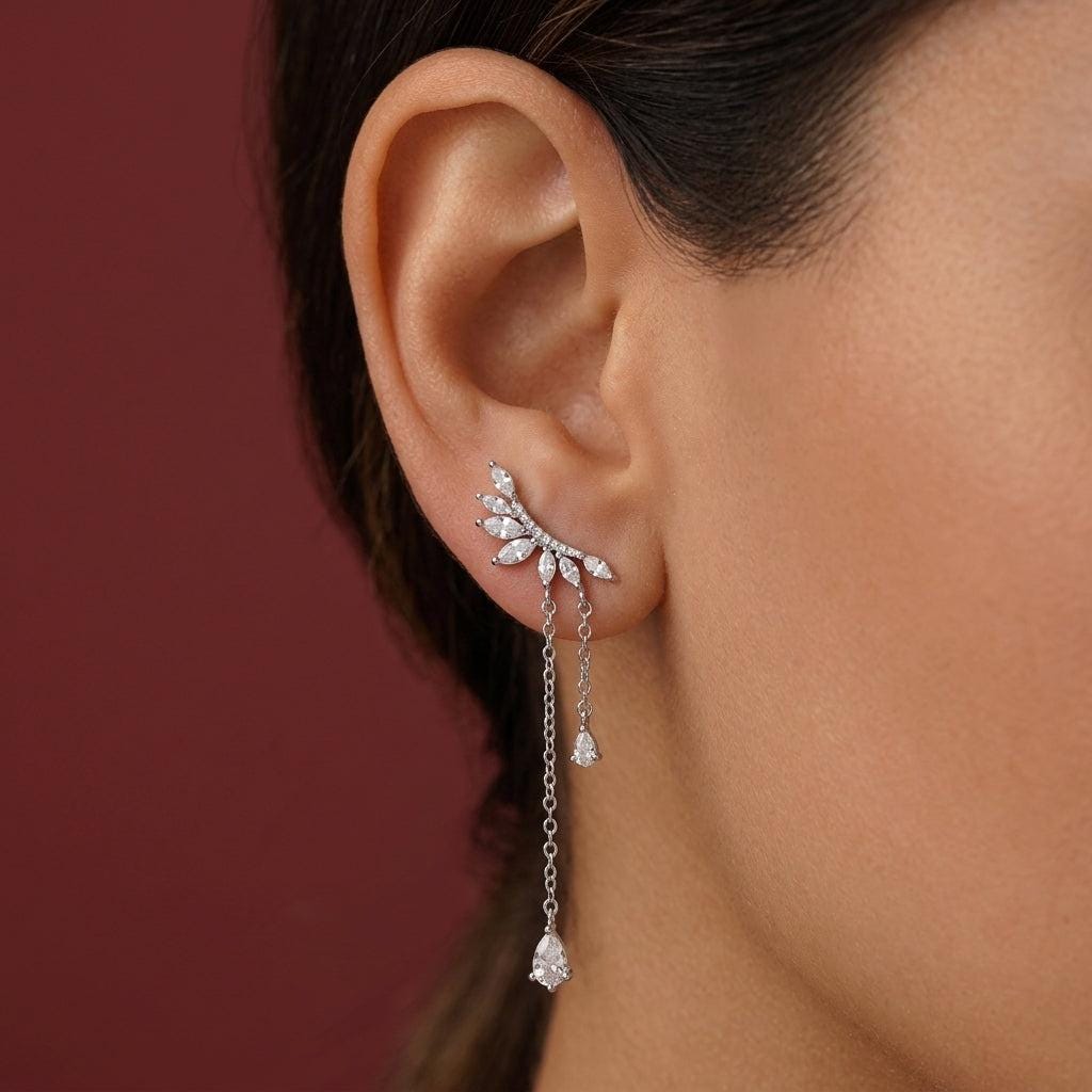 CZ Tassel Drop Earrings Silver — Marquise Leaf Ear Crawler with Dainty Chains