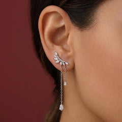 CZ Tassel Drop Earrings Silver — Marquise Leaf Ear Crawler with Dainty Chains