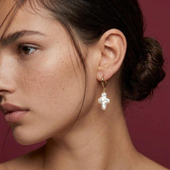 Freshwater Pearl Cross Huggie Hoop Earrings 18K Gold Plated Baroque Dangle Faith Gift