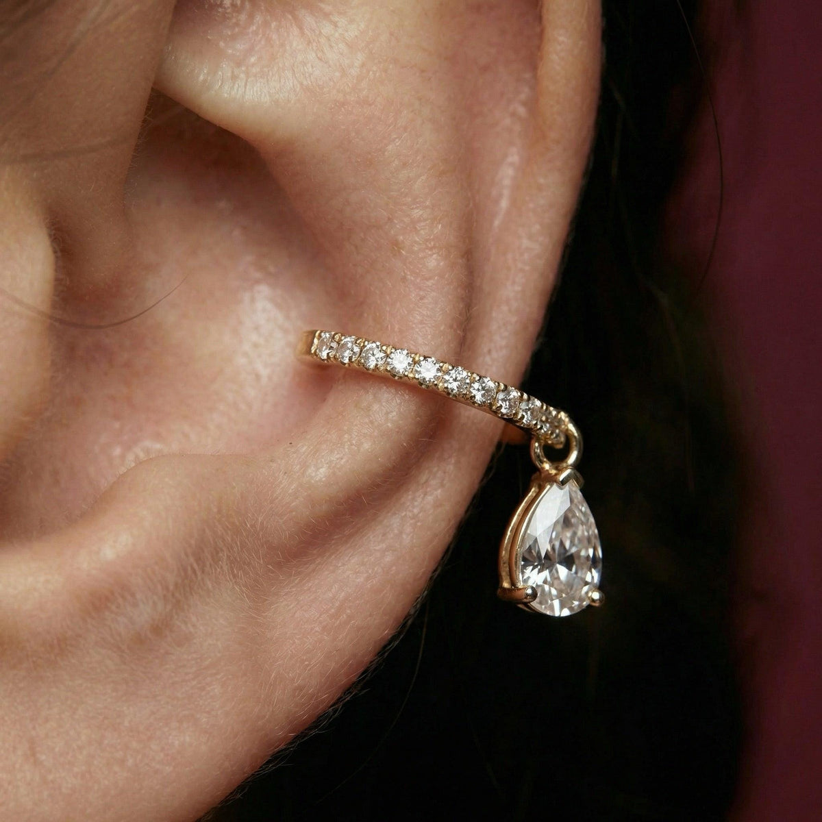 Ear Cuff No Piercing Crystal Teardrop Dangle 18K Gold Plated Brass Cartilage Wrap Gift