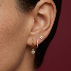 Clover Earring Set Gold Crystal Huggie Hoop Stud 18K Plated Brass Dainty Gift for Her