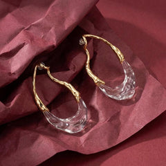 Drop Earrings Crystal Clear Resin 18K Gold Plated Brass Sculptural Teardrop Gift for Her