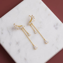 Gold CZ Tassel Crawler Earrings — Marquise Leaf Chain Drop for Women | Dainty Ear Climber