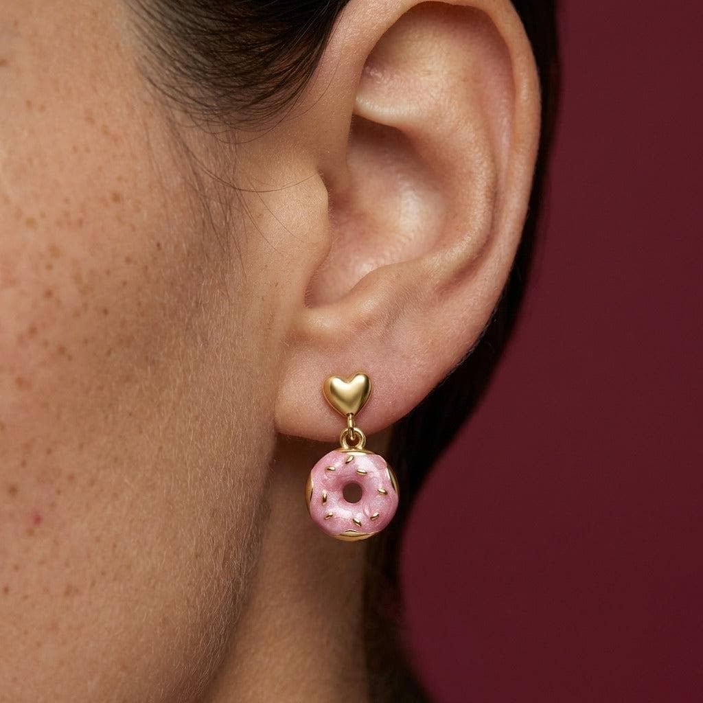 Dangle Earrings Pink Enamel Donut Heart Stud Gold Plated Fun Food Gift for Her