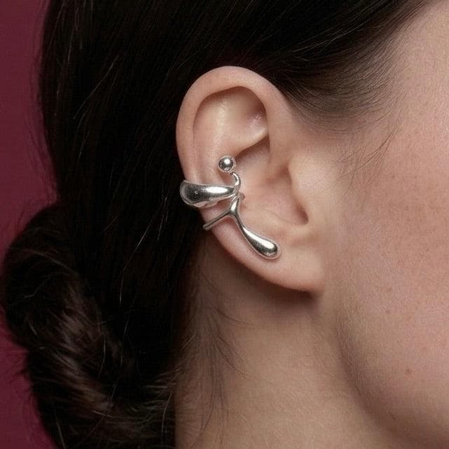 Silver Ear Cuff No Piercing Brass 18K Platinum Plated Sculptural Cartilage Wrap Gift for Her