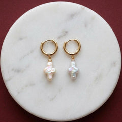 Freshwater Pearl Cross Huggie Hoop Earrings 18K Gold Plated Baroque Dangle Faith Gift