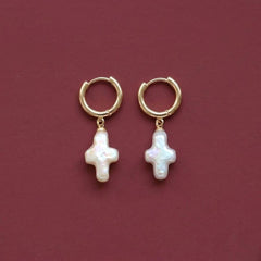Freshwater Pearl Cross Huggie Hoop Earrings 18K Gold Plated Baroque Dangle Faith Gift