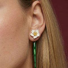 Flower Drop Earrings Enamel White Iris 18K Gold Plated Brass Green Stem Dainty Gift for Her
