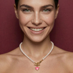 Pearl Necklace Pink Heart Pendant 18K Gold Plated Brass Enamel Toggle Clasp Gift for Her