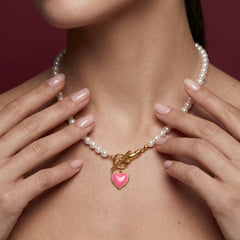 Pearl Necklace Pink Heart Pendant 18K Gold Plated Brass Enamel Toggle Clasp Gift for Her