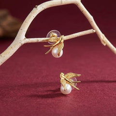 Stud Earrings Bird Swallow Pearl 18K Gold Plated Brass Dainty Minimalist Gift for Her