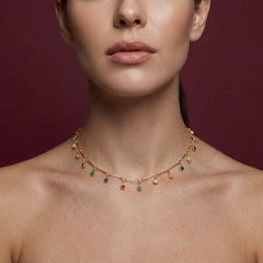 Choker Necklace Crystal Multi Stone Brass Gold Plated Colorful Charm Dangle Gift for Her