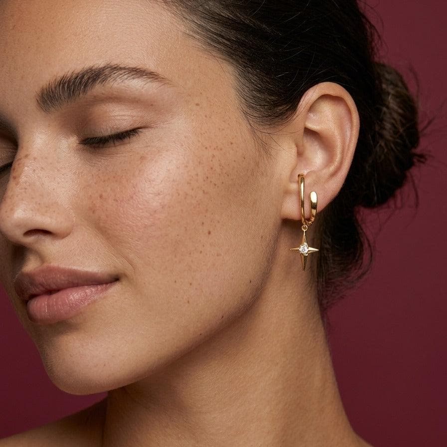 Ear Cuff No Piercing Gold Crystal North Star Charm Brass Gold Plated Celestial Gift