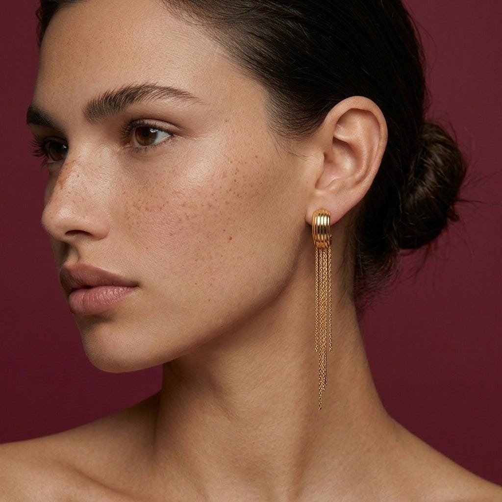 Dangle Earrings Gold Chain Tassel C Hoop Brass Gold Plated Statement Gift for Her