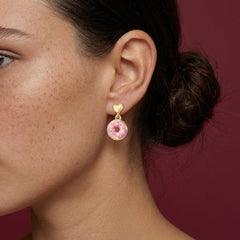 Dangle Earrings Pink Enamel Donut Heart Stud Gold Plated Fun Food Gift for Her