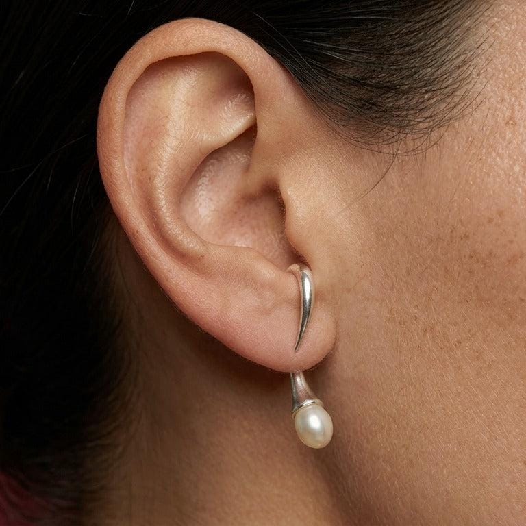 Ear Cuff Pearl Drop 925 Sterling Silver Wrap Stud Modern Architectural Bridal Gift