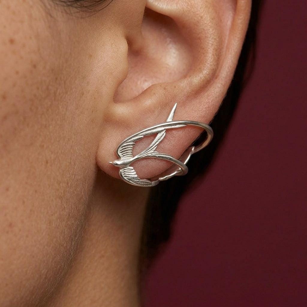 Ear Cuff No Piercing Silver Swallow Bird Flight Wrap Brass Plated Nature Gift for Her