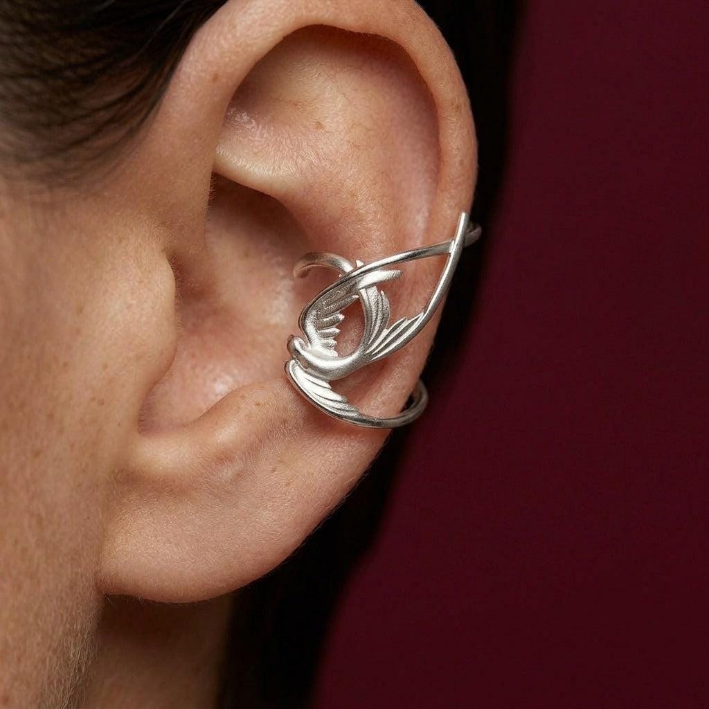 Ear Cuff Swallow Bird Silver Plated Cartilage Wrap No Piercing Sculptural Gift for Her