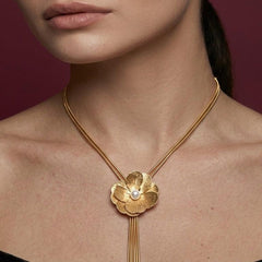Lariat Necklace Pearl Flower Gold Tassel Y-Drop Chain Wedding Bridal Statement Gift
