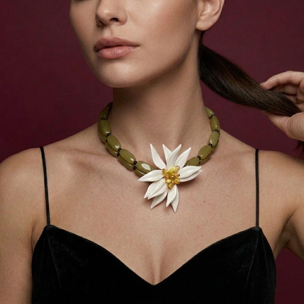 Choker Necklace Olive Green Beaded White Flower Statement Bohemian Brass Gold Plated Gift