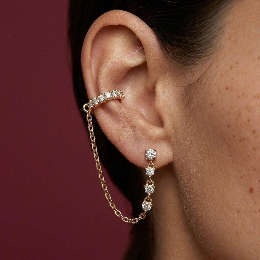 Ear Cuff Chain Earring Set Crystal Gold Plated Brass Helix Cartilage Climber Gift