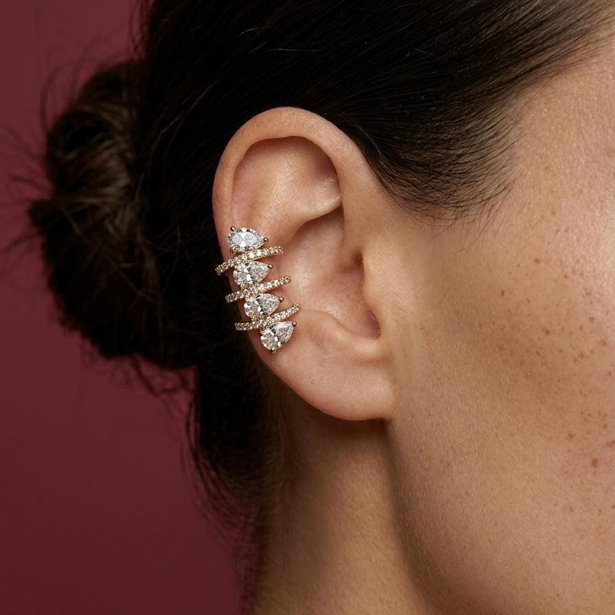 Ear Cuff No Piercing Crystal Gold Cartilage Wrap Brass Plated Statement Gift for Her