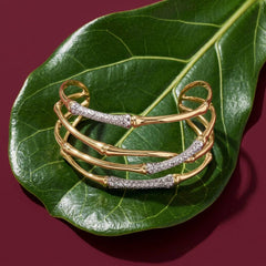 Gold Bamboo Bangle Stack — Set of 4 Pavé Crystal Bracelets, Textured Cuff for Her